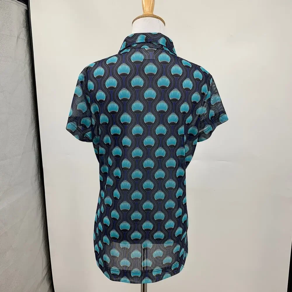 Daily Sports Shirt Women XL Extra Large Peacock Feather Button Placket Mesh Polo